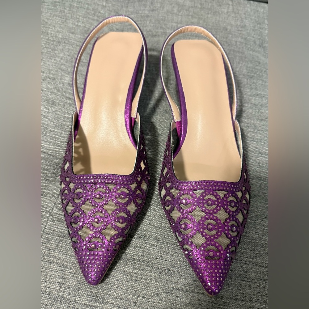 NIB Purple Rhinestone Decorated Kitten Heel Slingback Sandal, Size 39 (US 8-8.5) - Picture 6 of 10